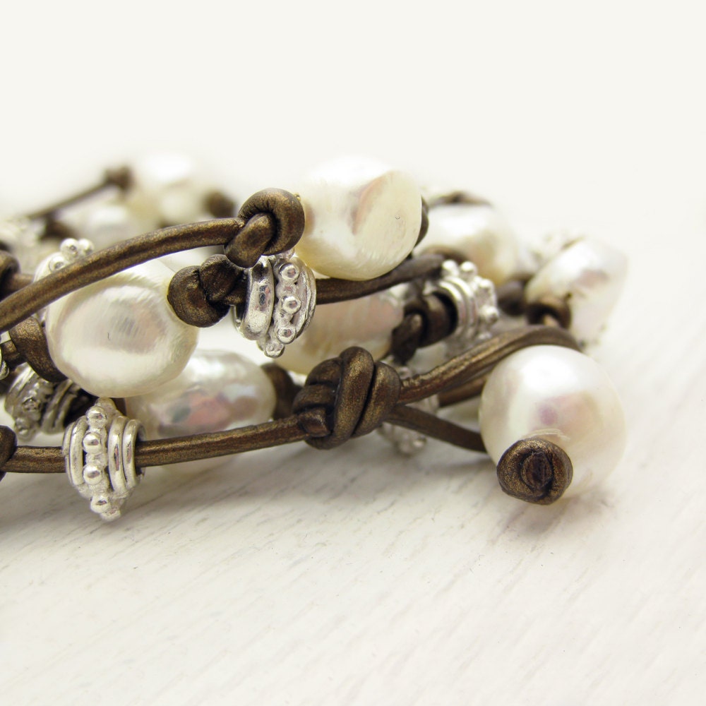 Pearl Luxury Wrap Bracelet / Sterling Leather by byjodi on Etsy