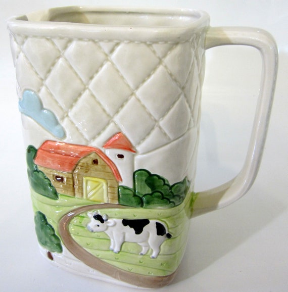 1982 Otagiri Farm Pitcher Barn Cow Milk Jug Vintage Embossed