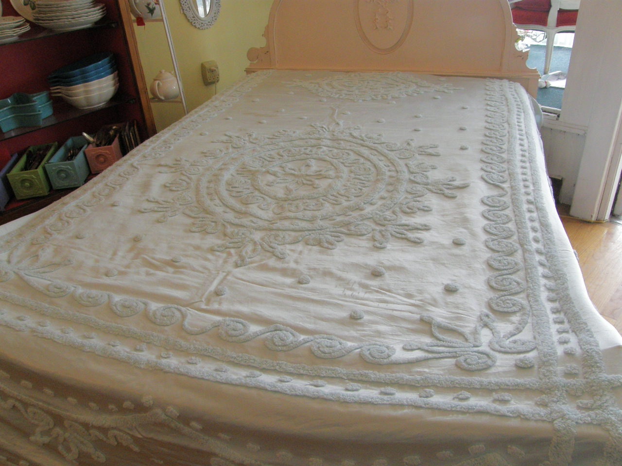 aqua satin chenille bedspread RARE vintage light blue full
