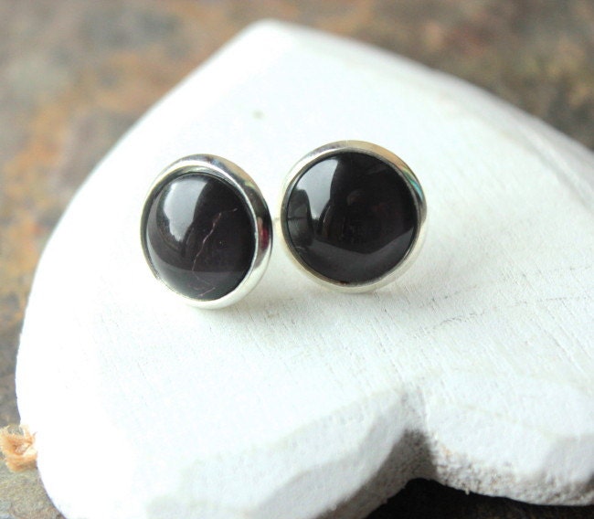 Black Earrings 12mm Black STUDS or black Clip On by acanthusjd