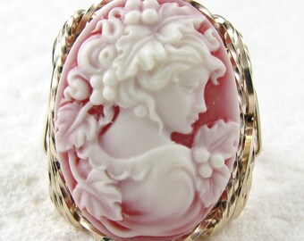 Grecian Goddess Red Cameo Ring 14K Rolled Gold Custom Jewelrly