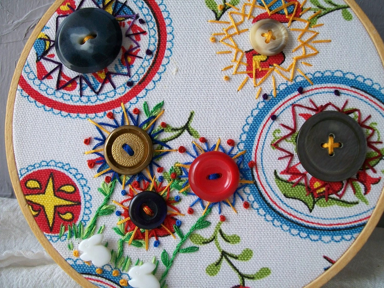 Hand Embroidery Art Button Hoop Art Upcylcled