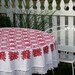 Vintage Round Tablecloth - Printed Red Pattern with White Tassles and Terrycloth Fabric