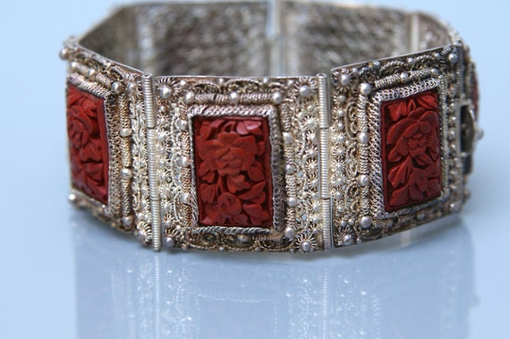 Antique Chinese Cinnabar Bracelet Panel Carved Filigree Links