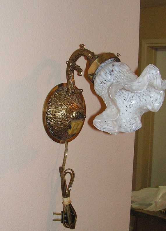 Antique Tulip Art Deco Brass Wall Sconce Light Murano Blown