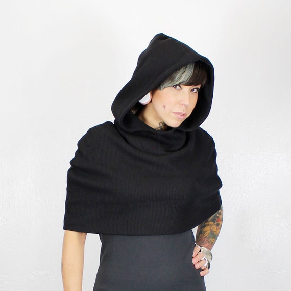 Black Hooded SCARF Poncho Snood Cape Circle HOOD - Made to Order - One Size