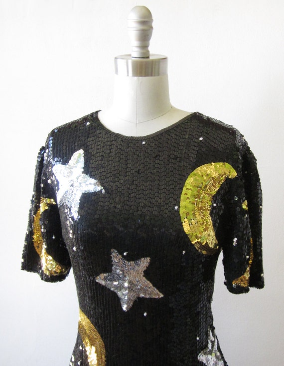vintage star and moon sequin dress / 1980s black sequin dress