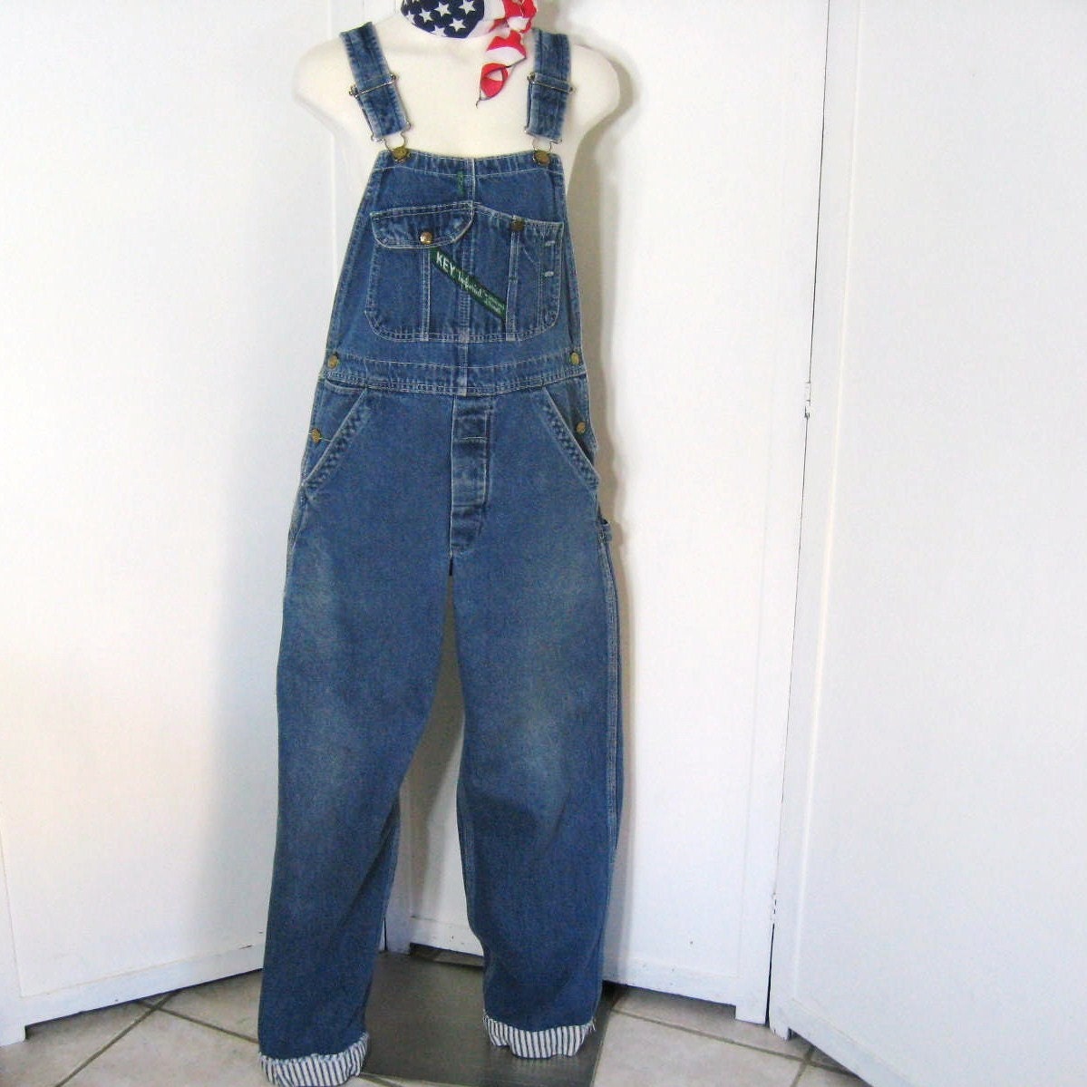 80's Vintage Bib Overalls Key Imperial Blue Denim Stripe