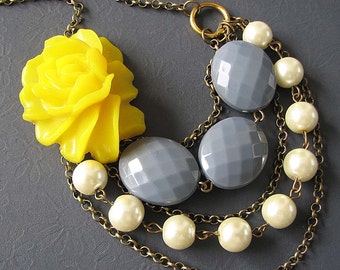 Multi Strand Necklace Statement Necklace Yellow Jewelry Flower Necklace Grey Necklace Gift For Her