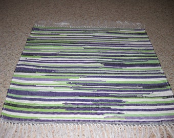 Handwoven Lime Green, White, Purple Rag Rug 25 x 30
