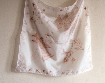 Christmas Angels silk scarf. Women handpainted silk scarf with.Christmas motives,copper gutta-Small square hand painted scarf