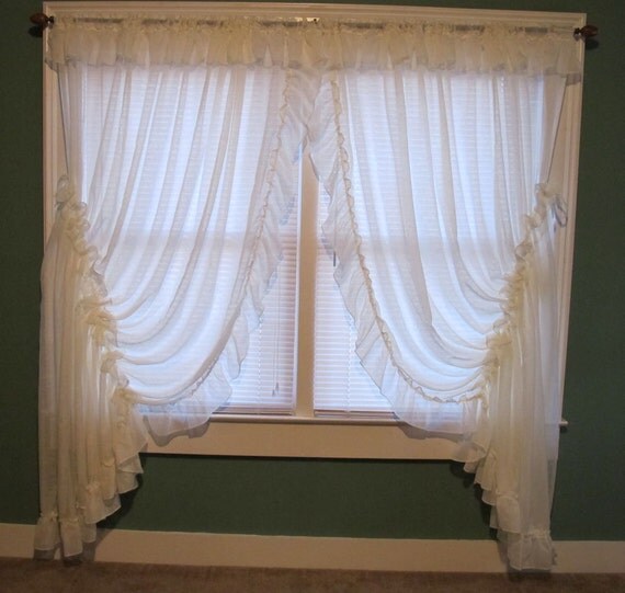 RESERVED for SIDNEY Sheer Ruffled Swag Drapes Drawstring Tie