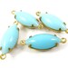 4 - Vintage Glass Navette Stones in 2 Rings Closed Back Brass Prong Settings - Opaque Turquoise -15x7mm