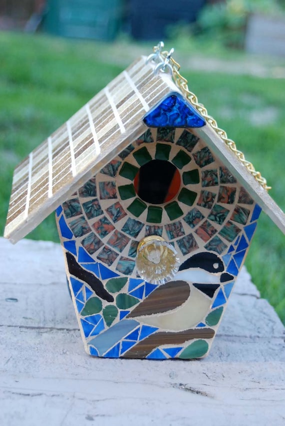Bird House Stained Glass Mosaic Chickadee