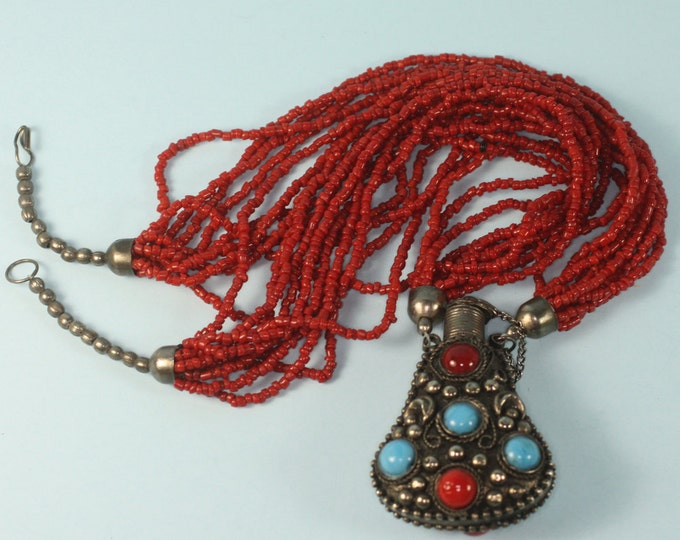 Boho Tribal Perfume Pendant Necklace Coral and Turquoise Glass Beads