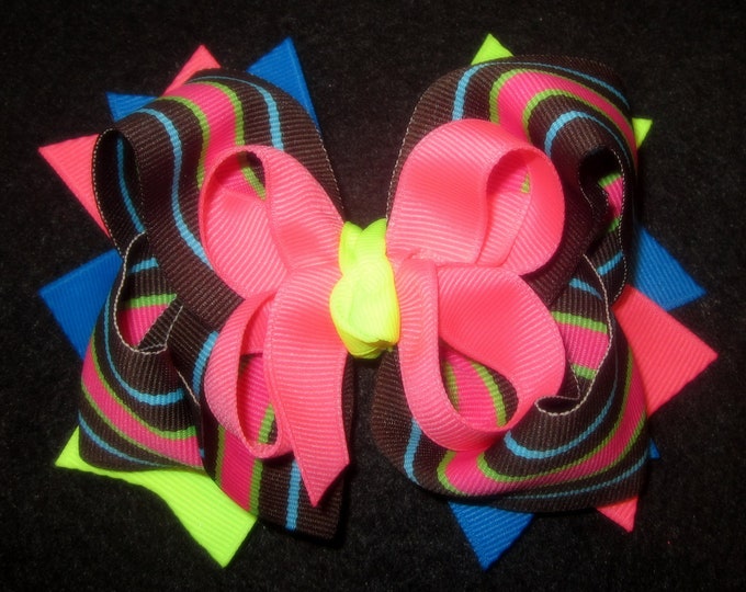 Neon Hairbow, Tutti Fruitti bow, Boutique Hair Bows, Striped bow, Striped boutique bow, girls hairbows, girls hair bow, baby girl headband,