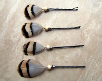 Feather Bobby Pins - Partridge Feathers, Set of 4 - Tribal Tails