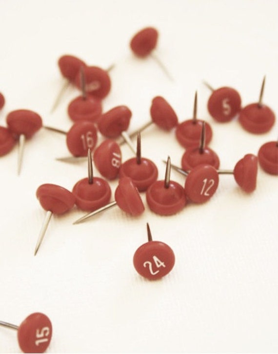 Numbered Craft Push Pins 1 through 25 White Print on Red