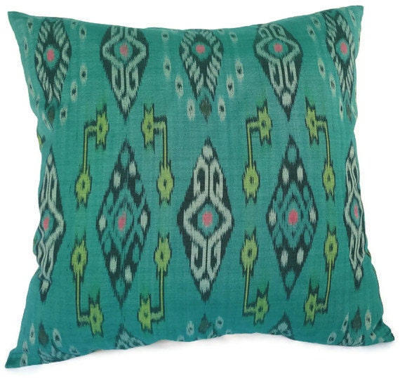 Ikat Pillow Cushion Cotton Handwoven 16x16 Emerald by MyBaliCloset