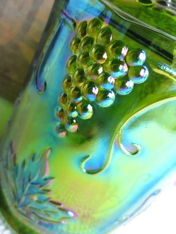 Vintage Green Carnival Glass Canister Jar with Lid Harvest