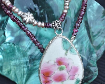 Pink Peony - Rhodolite Garnet, Old China Shard & Sterling Silver Necklace