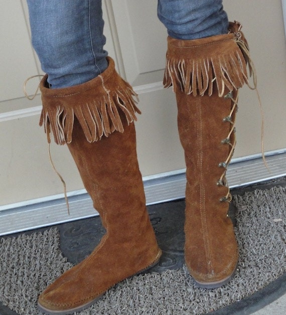 Vintage Knee High Moccasin boots Lace up with Fringe 8.5