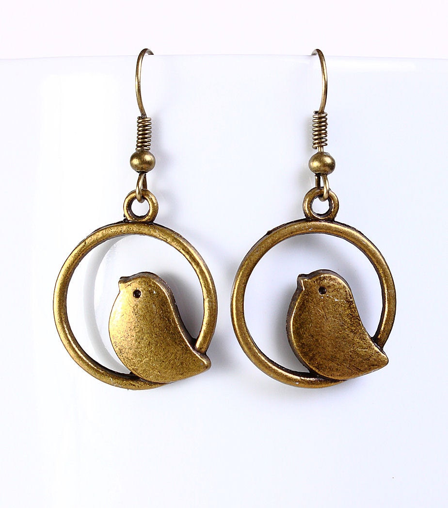 Antique brass bird drop dangle earrings 549 Flat rate