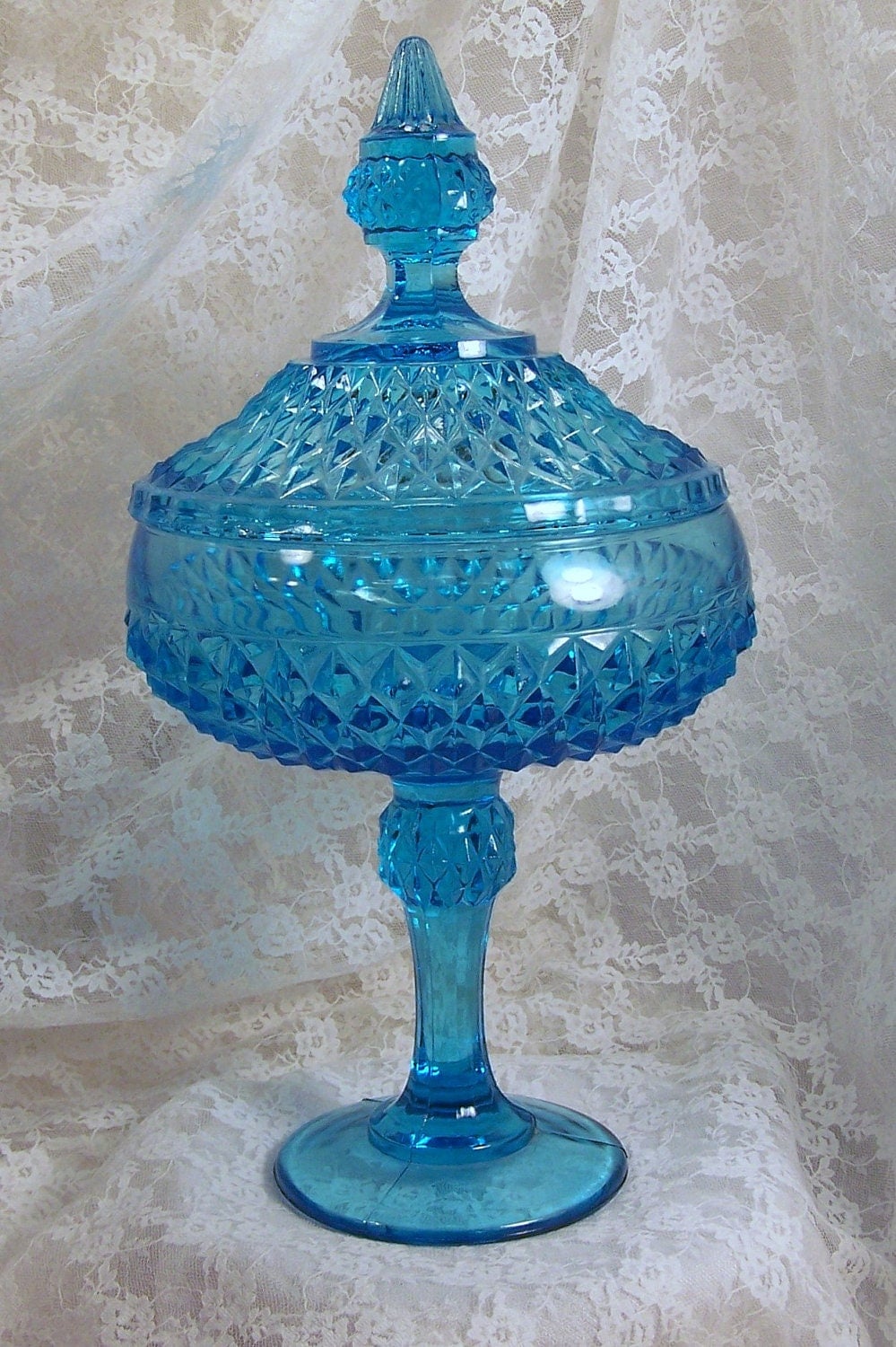 Aqua Blue Candy Dish Depression Glass Compote Collectible