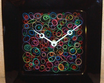 Wall Clock - Funky Bright Rubber Band Pattern on Black Ceramic Plate Wall Clock No. 936 (10 inches)