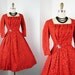 1950s Dress - Vintage Couture 50s Dress Red Lace Illusion Full Skirt Cocktail Party Rhinestones M - Soiree