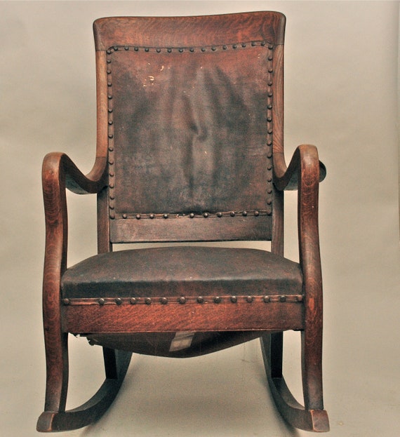 Antique High Back Oak Rocking Chair with Leather Seat and Back