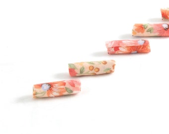 Handmade Fabric Beads, Barrel Fiber Textile Beads, Large Big Hole, Lightweight, Floral Print in Peach with Blue Green Gold, Spring Flowers