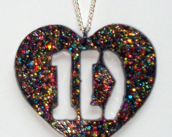 Multi colored glitter One Direction 1D heart necklace