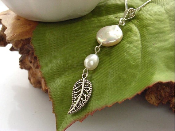 Necklace white coin pearl leaf charm sterling silver chain UK seller