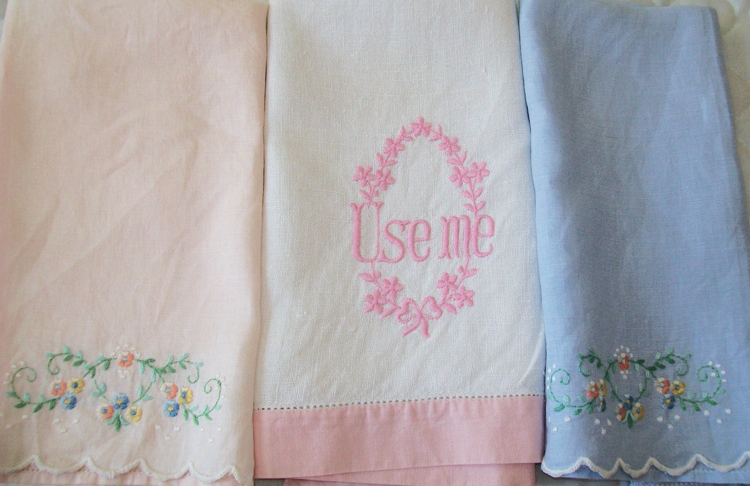 3 Vintage hand towels embroidered pink blue linen floral