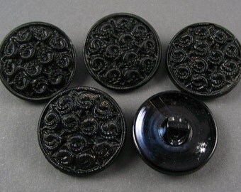 Vintage Czech Glass Buttons - 5 Black Glass