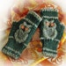 Owl Fingerless Gloves - Forest Green and Heather Grey/Green