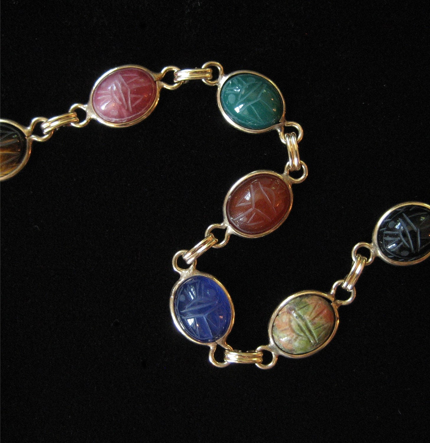 Genuine Stone Scarab Bracelet Gold Filled Seven Stones