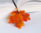 Needle Felted Wool Fall Autumn Orange Leaf Bookmark Sculpture Wool Ribbon Decor Present Decoration Miniature Collection Ready to Ship