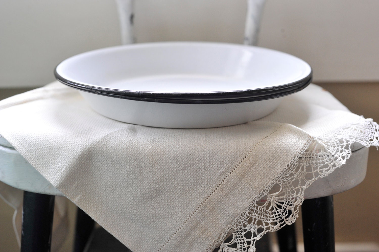 Two Vintage White Enamel Pie Pans Tins Plates with Black Trim