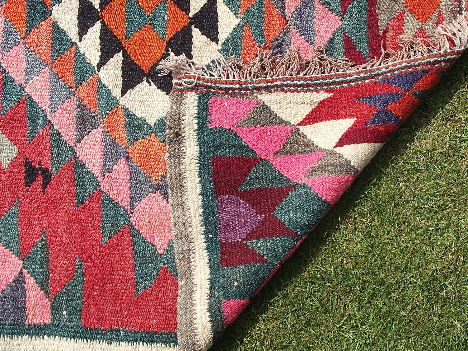 Vibrant Woven Persian Kilim. 8 ft x 4 ft. Bright Wool