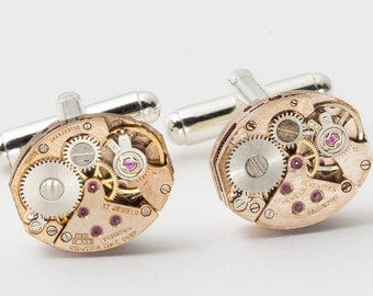 Steampunk cufflinks vintage watch movements gears rose gold wedding anniversary gift silver cuff links mens jewelry by Steampunk Nation