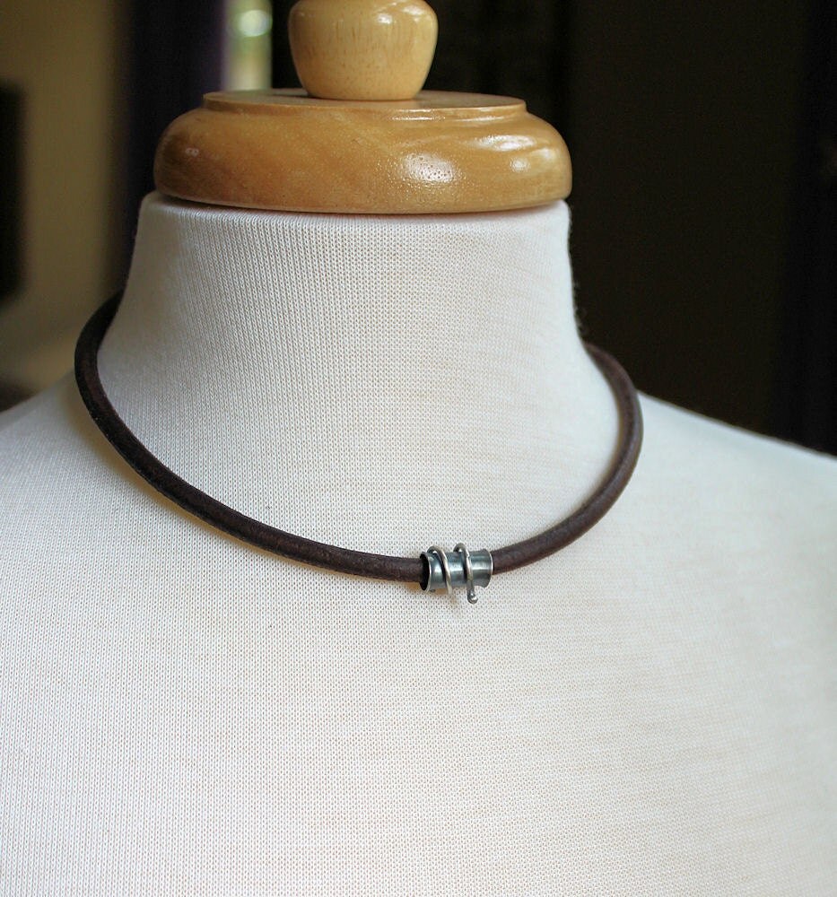 Mens Leather Necklace Sterling Silver Tube Brown Cord