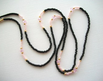 Black Eyeglass Necklace Beaded Lanyard with Pink Bicone Crystals