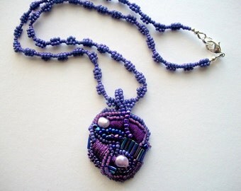 Beaded Pendant on Purple Necklace Mixed Media Wearable Art One of a Kind