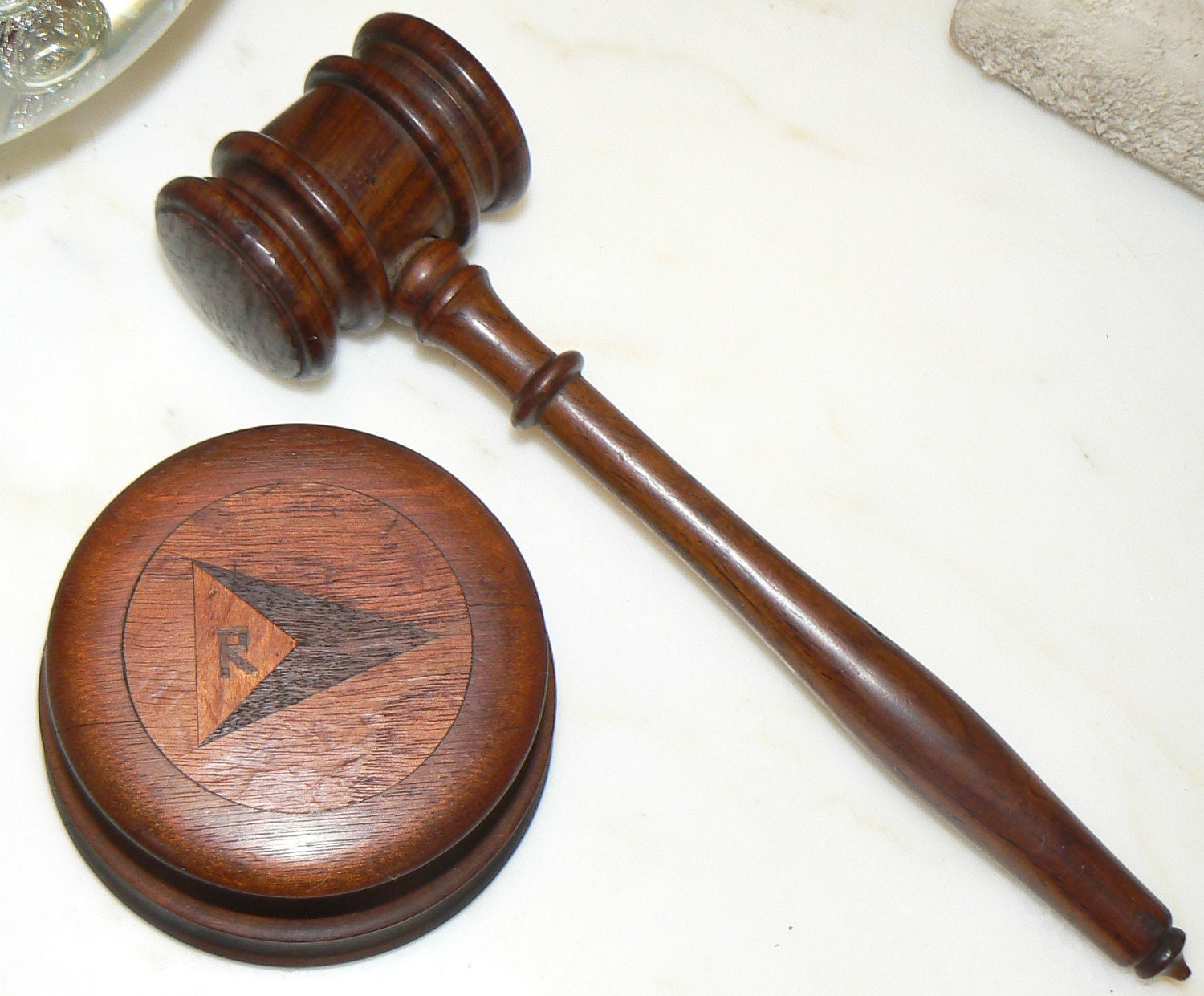 Vintage Wood Gavel and Striking Anvil Monogrammed Inlaid