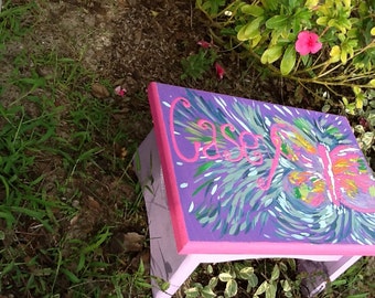 butterfly foot stool, personalized, hand painted furniture childrens, child's, stiols, abstract