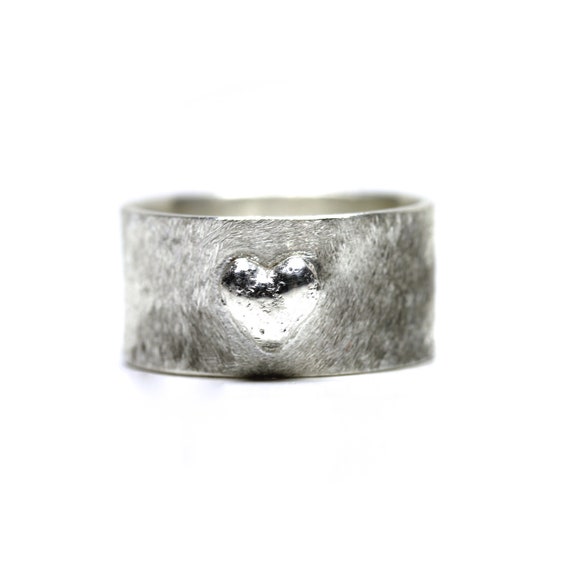 Heart Imprint Ring 3D Wide Sterling Silver Love Wedding