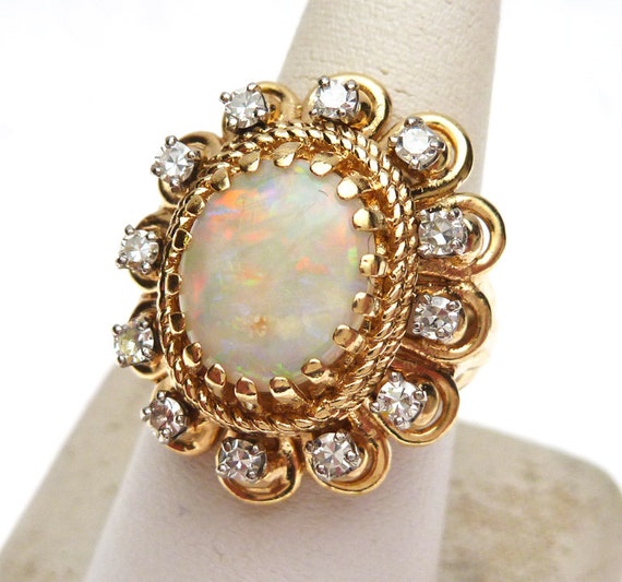 14k Opal and 50pts Diamond Cluster Flower Ring by KlinesJewelry