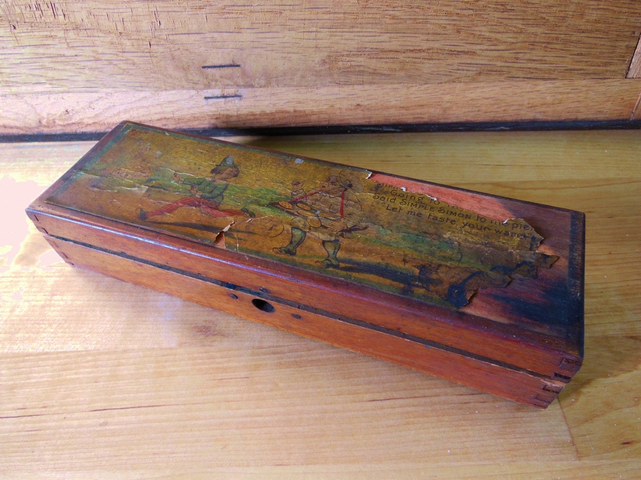 Antique Vintage Child's Wooden Pencil Box . Simple Simon